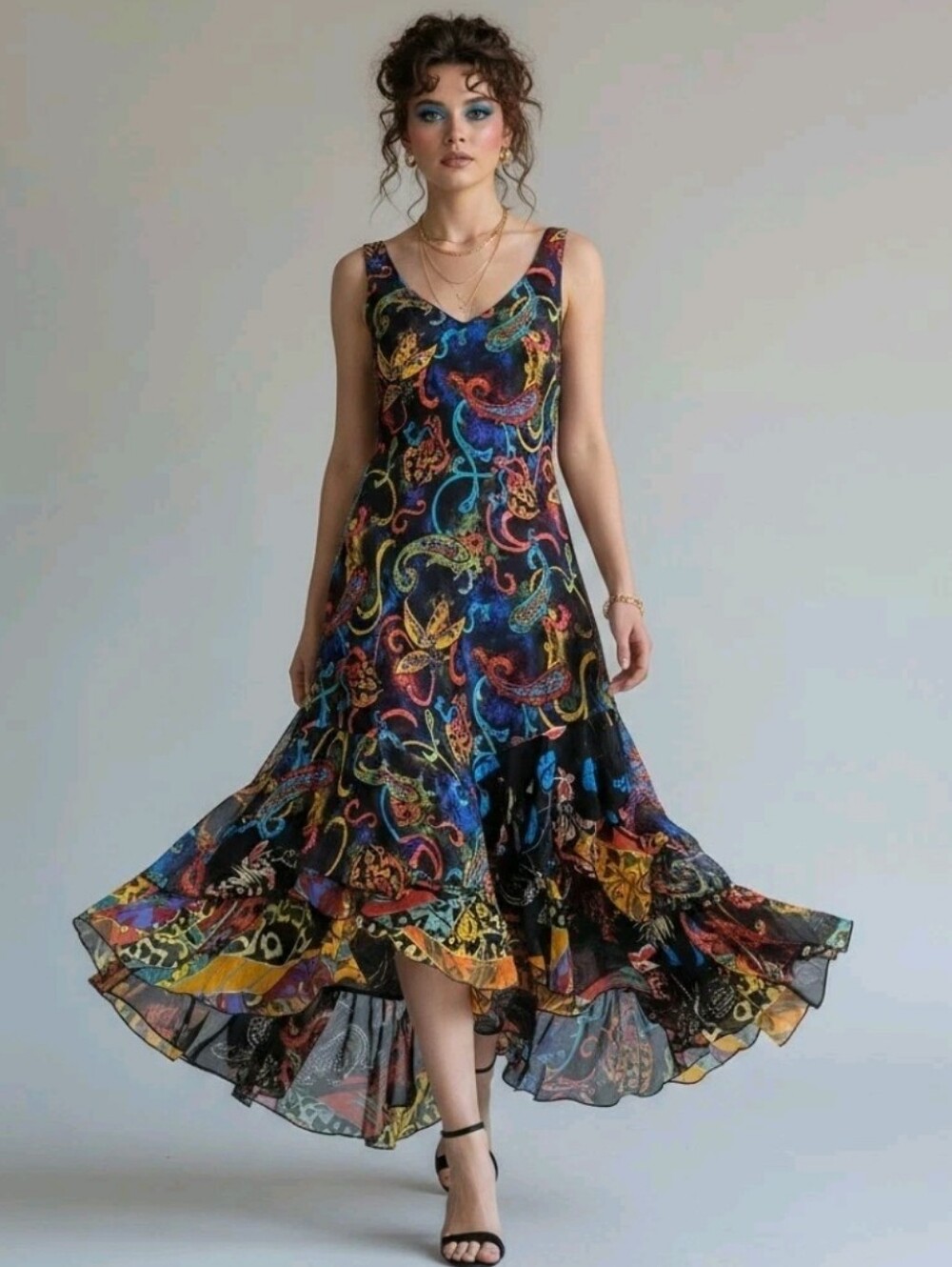 Chico's Y2k Silk Paisley Bias Cut Flamenco Maxi Dress Black Multicolor Print - 0